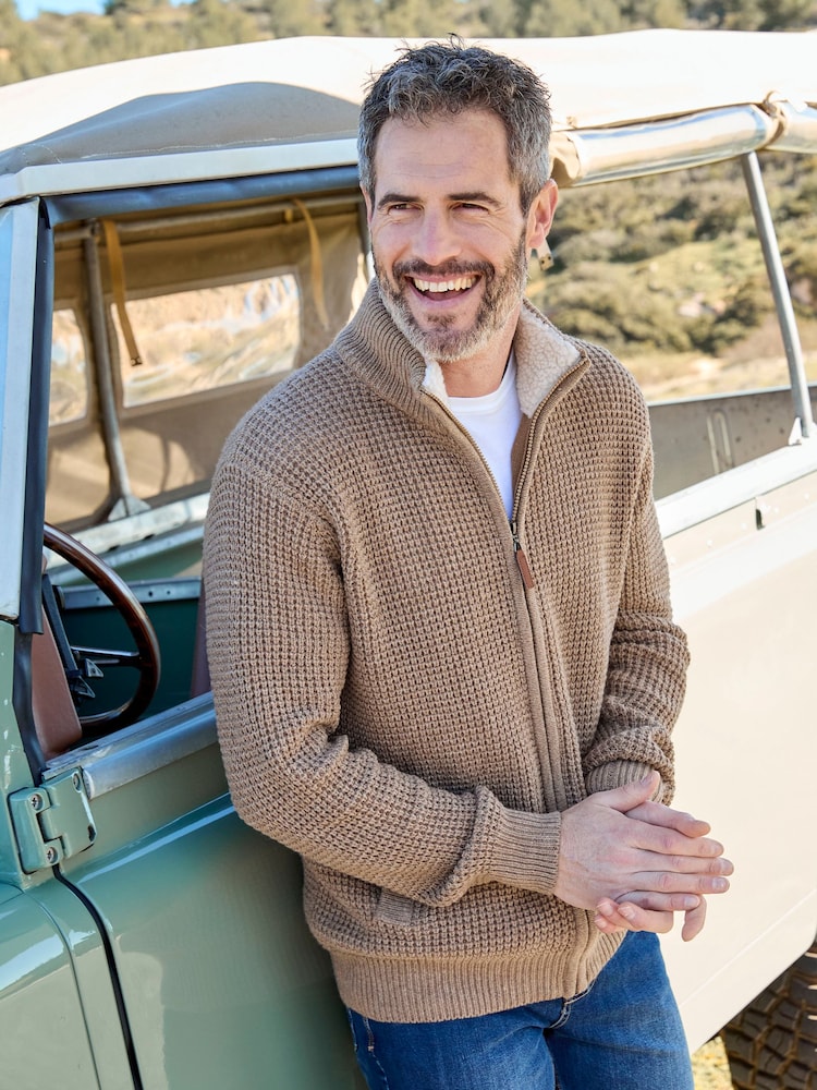 Cotton Traders Nude Sherpa Trim Cardigan - Image 1 of 4 Cotton Traders Nude Sherpa Trim Cardigan - Image 1 of 4