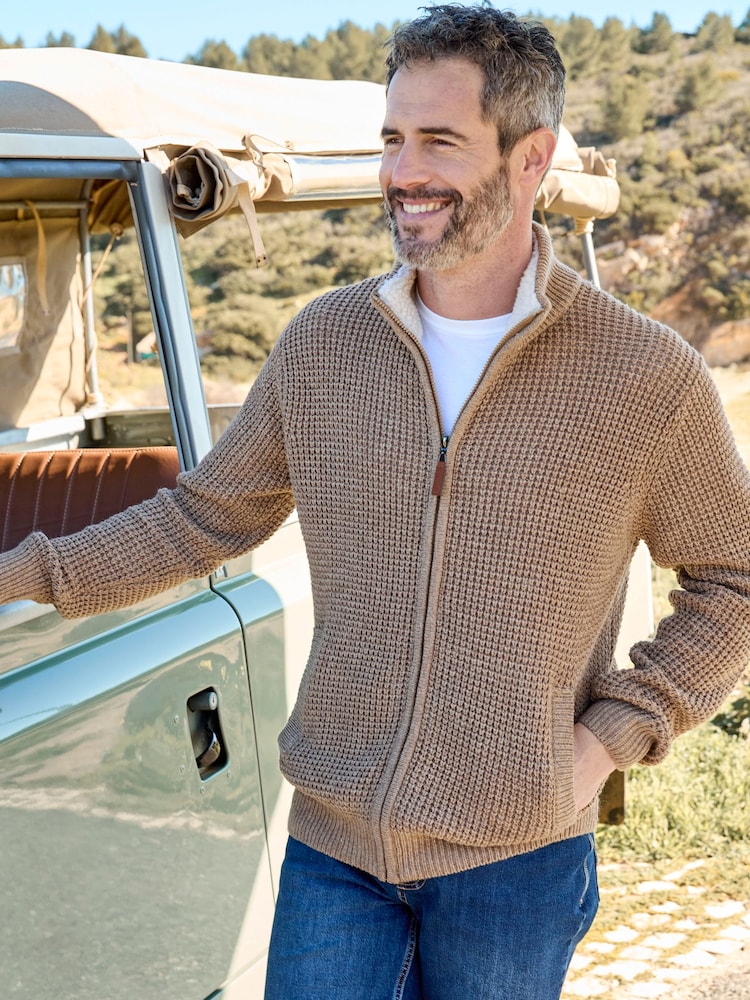 Cotton Traders Nude Sherpa Trim Cardigan - Image 2 of 4 Cotton Traders Nude Sherpa Trim Cardigan - Image 2 of 4