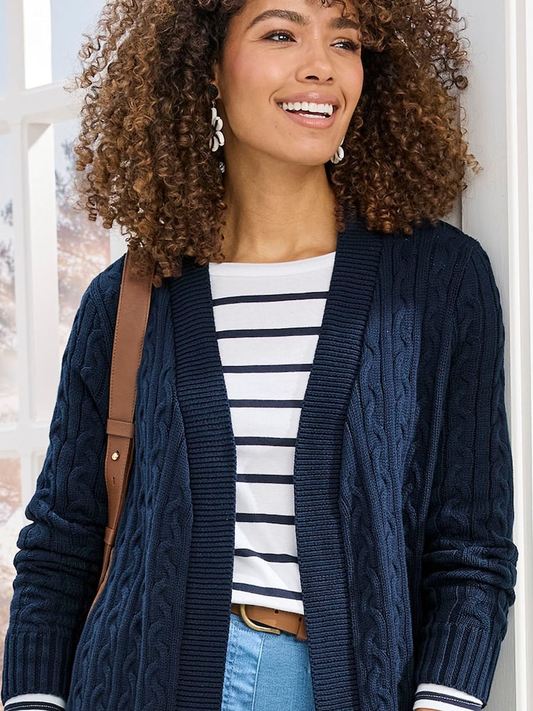 Cotton Traders Blue Longline Cotton Cable Cardigan - Image 4 of 4 Cotton Traders Blue Longline Cotton Cable Cardigan - Image 4 of 4