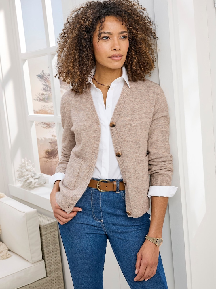 Cotton Traders Brown Fine Knit V-Neck Cardigan - Image 1 of 4 Cotton Traders Brown Fine Knit V-Neck Cardigan - Image 1 of 4