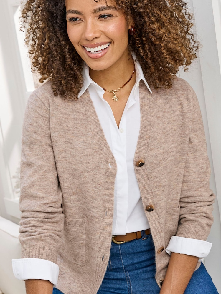 Cotton Traders Brown Fine Knit V-Neck Cardigan - Image 2 of 4 Cotton Traders Brown Fine Knit V-Neck Cardigan - Image 2 of 4