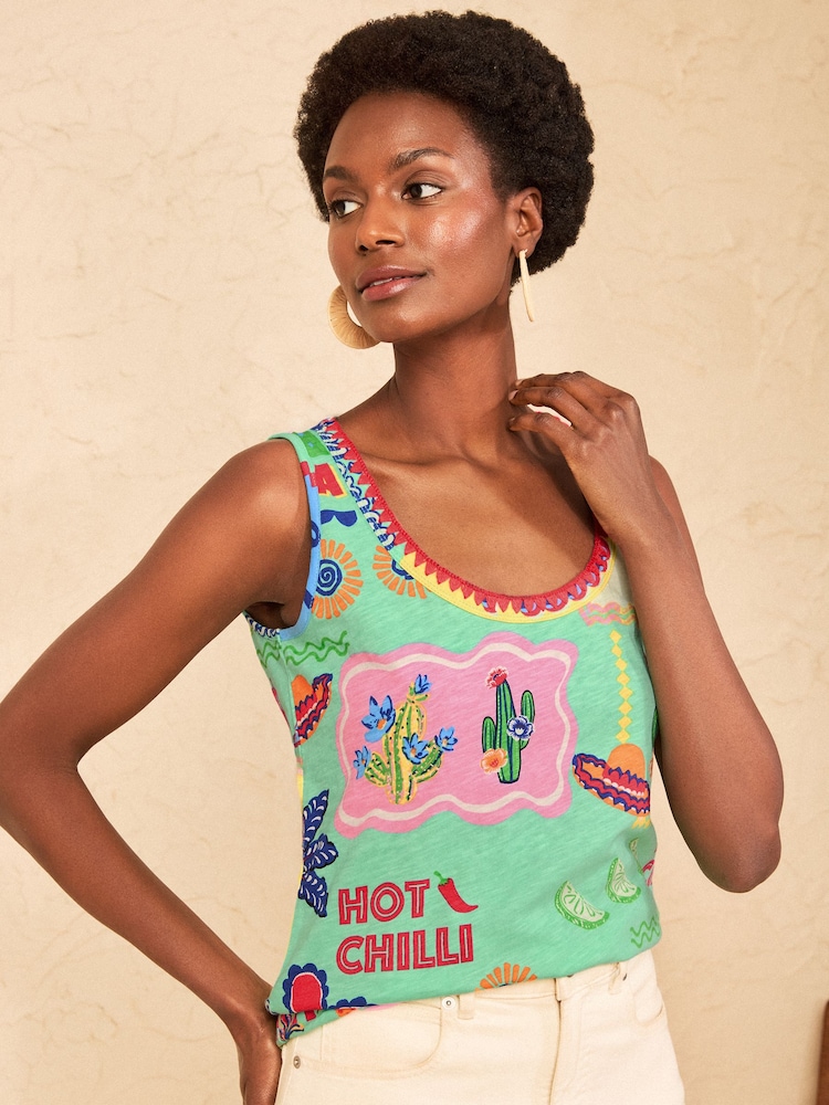Love & Roses Aqua Blue Mexicana Print Crochet Trim Scoop Neck Jersey Vest - Image 1 of 4