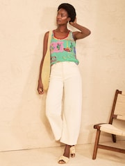 Love & Roses Aqua Blue Mexicana Print Crochet Trim Scoop Neck Jersey Vest - Image 3 of 4