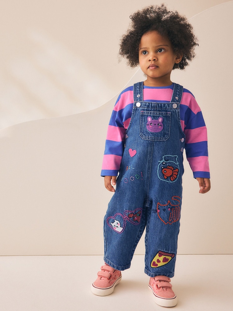 Blue/ Pink Stripe Embroidered - Denim Dunagree Set (3mths-7yrs) - រូបភាព 1 នៃ 10