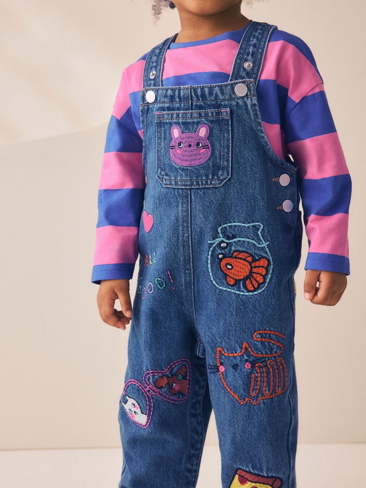 Blue/ Pink Stripe Embroidered - Denim Dunagree Set (3mths-7yrs) - រូបភាព 2 នៃ 10