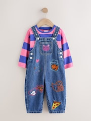 Blue/ Pink Stripe Embroidered - Denim Dunagree Set (3mths-7yrs) - រូបភាព 6 នៃ 10