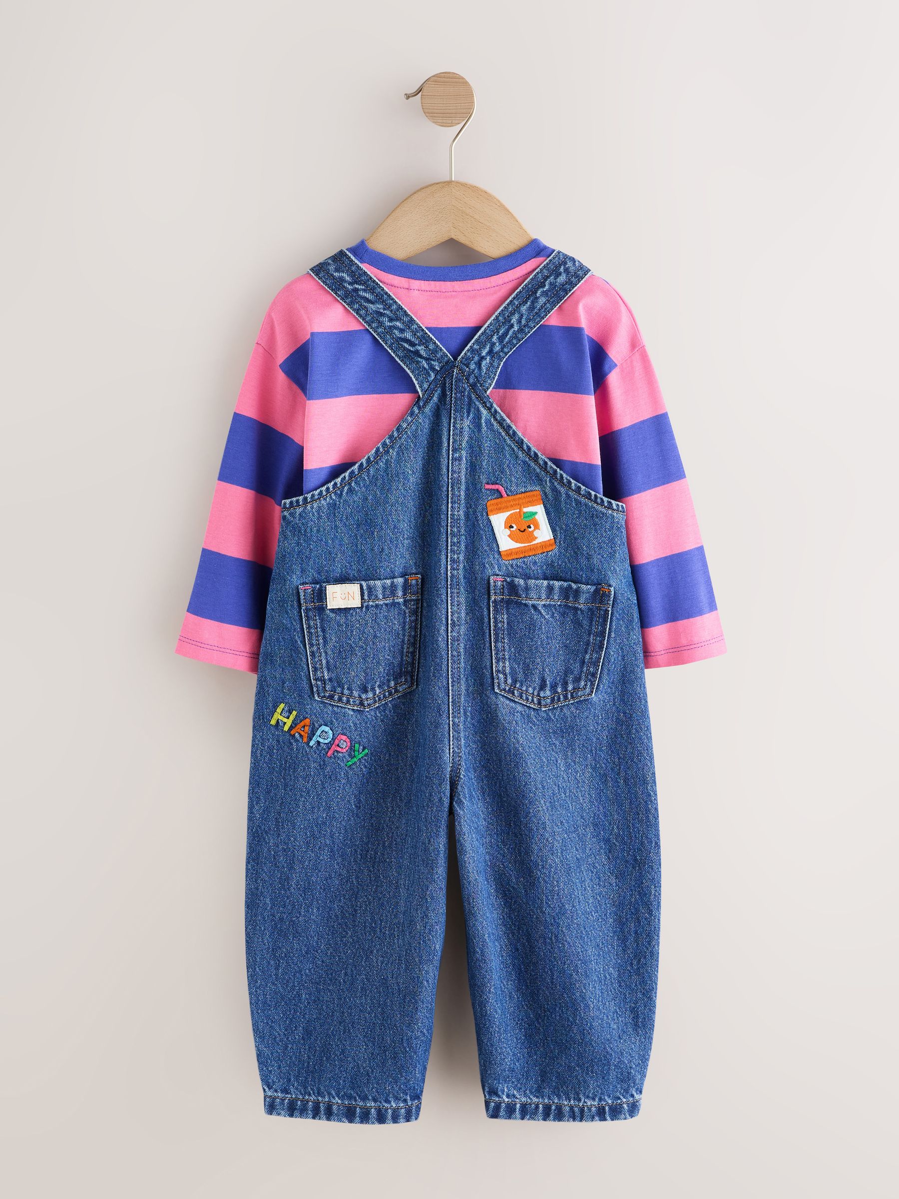 Buy Blue/ Pink Stripe Embroidered Denim Dunagree Set (3mths-7yrs