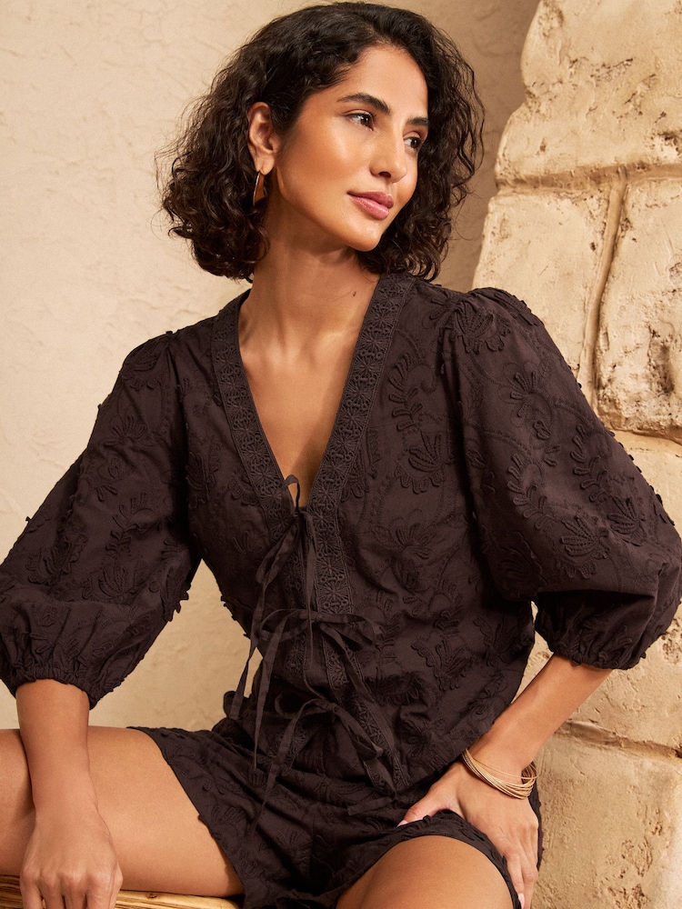 Love & Roses Chocolate Brown 3D Tie Front 3/4 Sleeve Blouse - Image 1 of 5