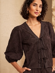 Love & Roses Chocolate Brown 3D Tie Front 3/4 Sleeve Blouse - Image 4 of 5