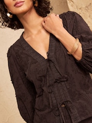 Love & Roses Chocolate Brown 3D Tie Front 3/4 Sleeve Blouse - Image 5 of 5