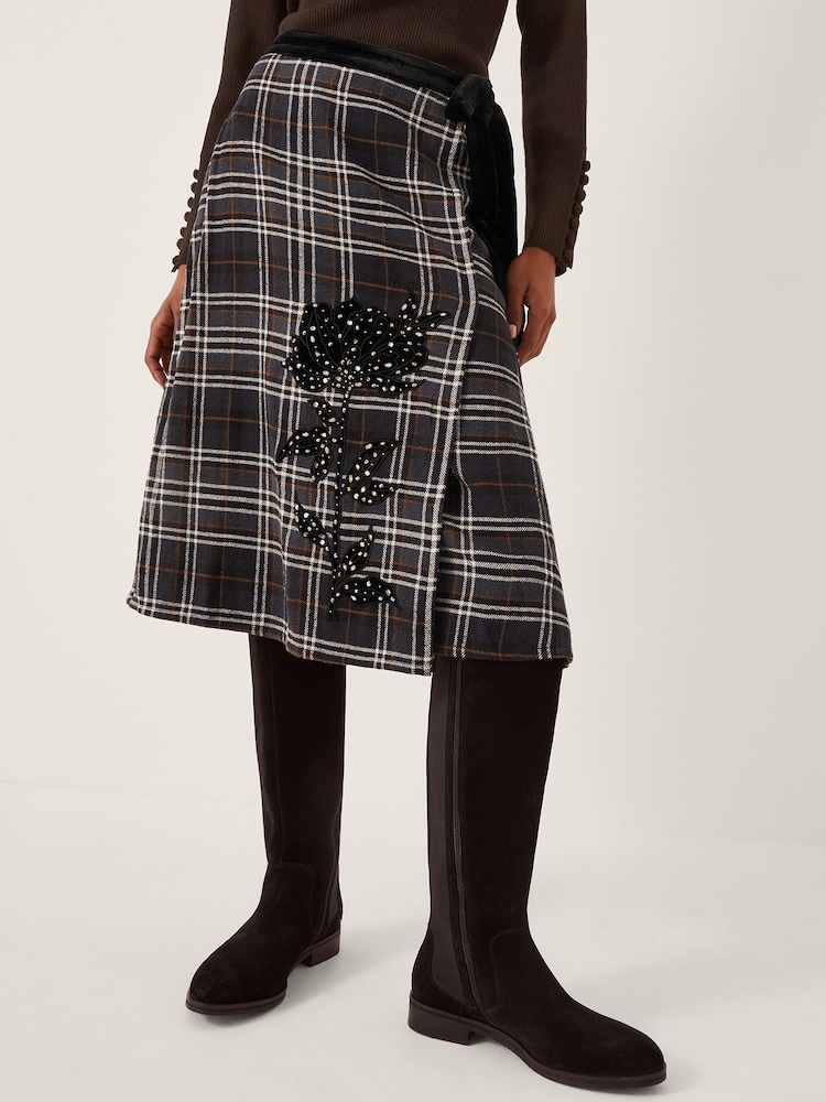 Monsoon Black Rue Embellished Tartan Wrap Midi Skirt - Image 2 of 4 Monsoon Black Rue Embellished Tartan Wrap Midi Skirt - Image 2 of 4