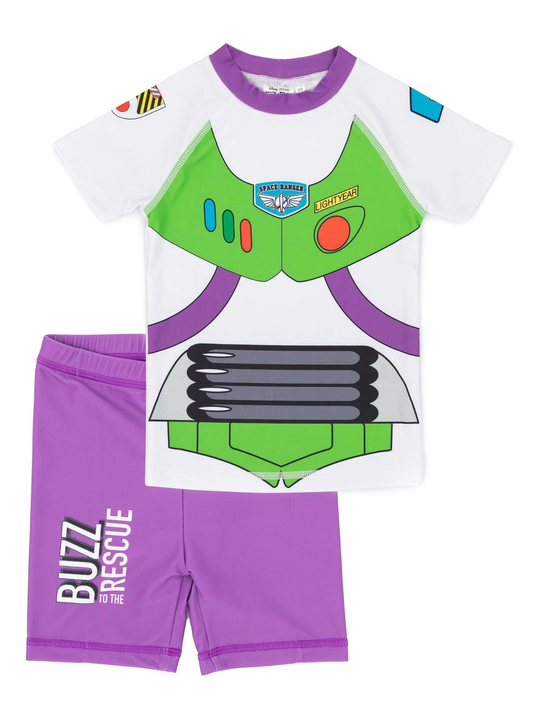 Disney Pixar Toy Story Buzz Lightyear Swimsuit for Boys | Purple Green Rescue Two-Piece Top Shorts Bathing Suit Swim Set | Kids Space Ranger Swimwear - Image 4