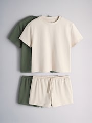 The Set 2 Pack Cropped T-Shirt and Shorts Co-ords Set Khaki Green/ Cream - Image 1 of 7