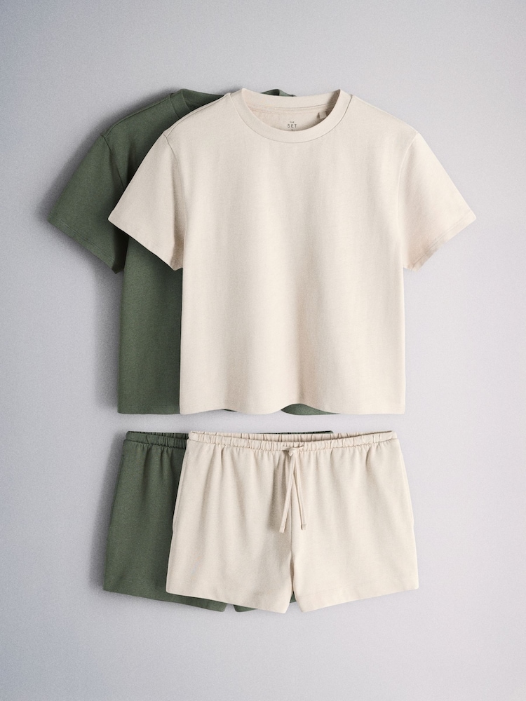 The Set 2 Pack Cropped T-Shirt and Shorts Co-ords Set Khaki Green/ Cream - Image 1 of 7