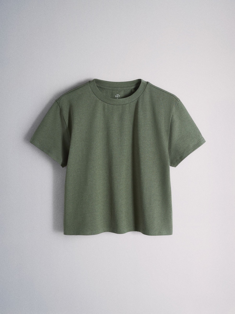 The Set 2 Pack Cropped T-Shirt and Shorts Co-ords Set Khaki Green/ Cream - Image 2 of 7