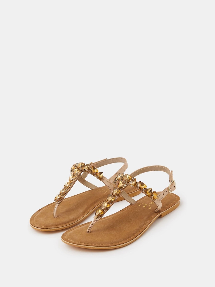Accessorize Gold Gemstone Leather Sandals - Image 1 of 2 Accessorize Gold Gemstone Leather Sandals - Image 1 of 2
