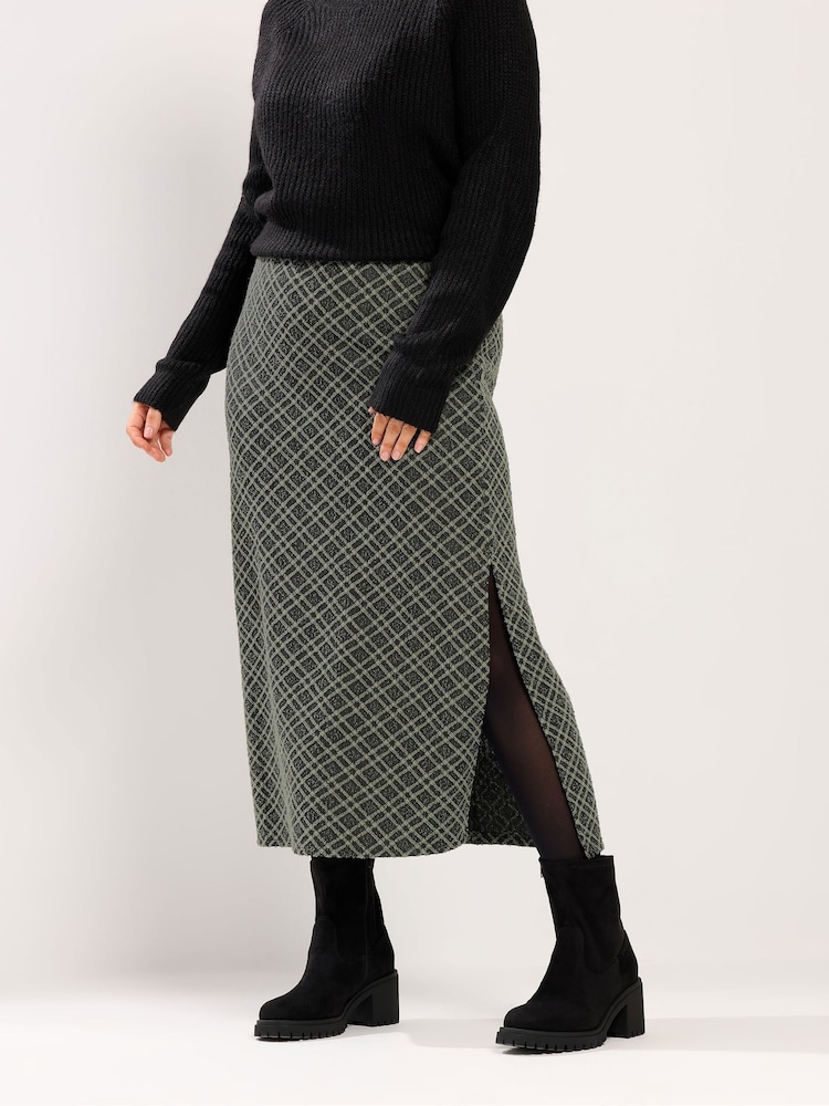 Yours Curve Green Checked Midi Ponte Skirt - Image 1 of 5