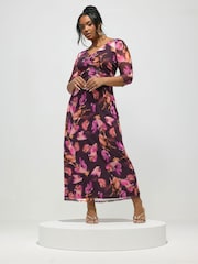 Yours Curve Purple London Abstract Gathered V-Neck Mesh Dress - Image 1 of 5