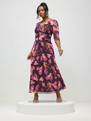 Yours Curve Purple London Abstract Gathered V-Neck Mesh Dress - Image 2 of 5