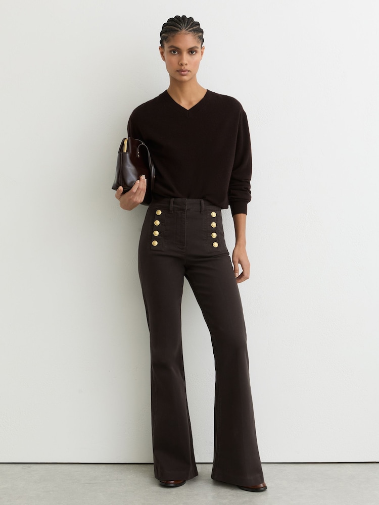 Reiss Chocolate Brown Athena Button-Detail Flared Jeans - Image 1 of 6
