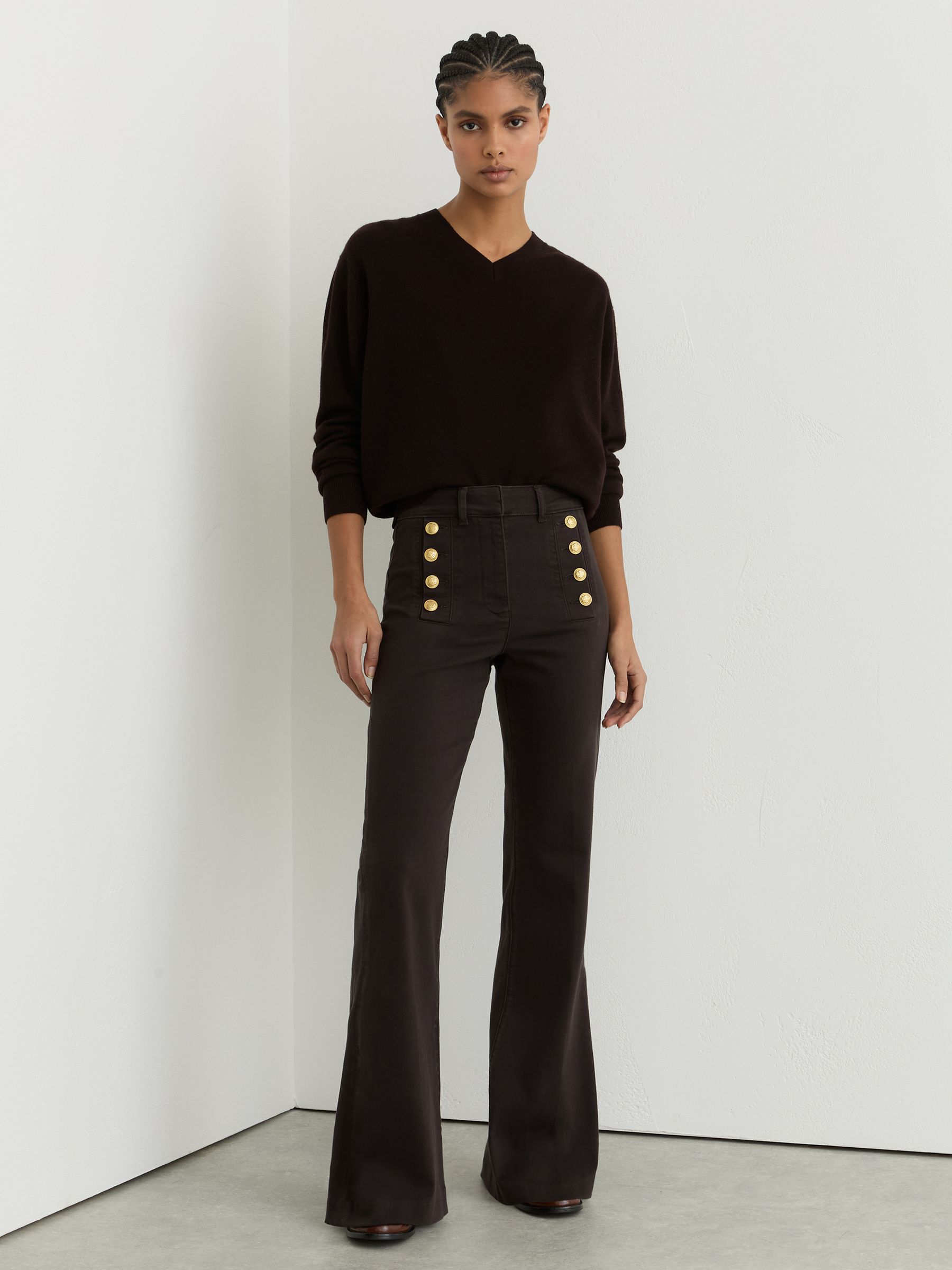 Reiss Chocolate Brown Petite Button-detail High-rise Flared Jeans
