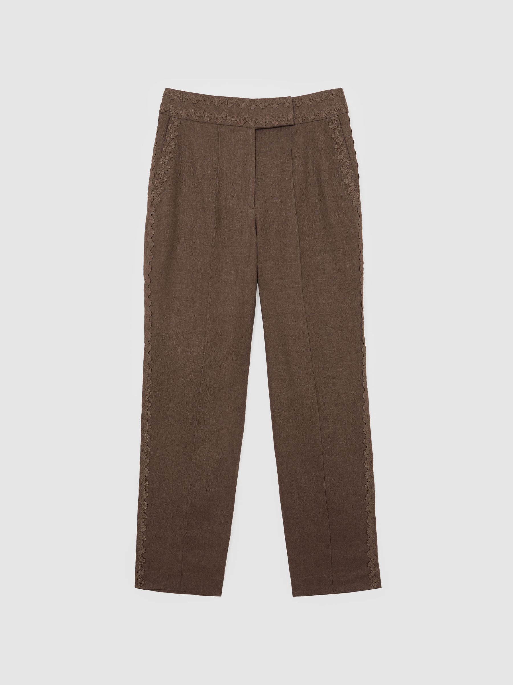 Buy Reiss Brown Mila Taper Linen Wave-Trim Tapered Trousers from