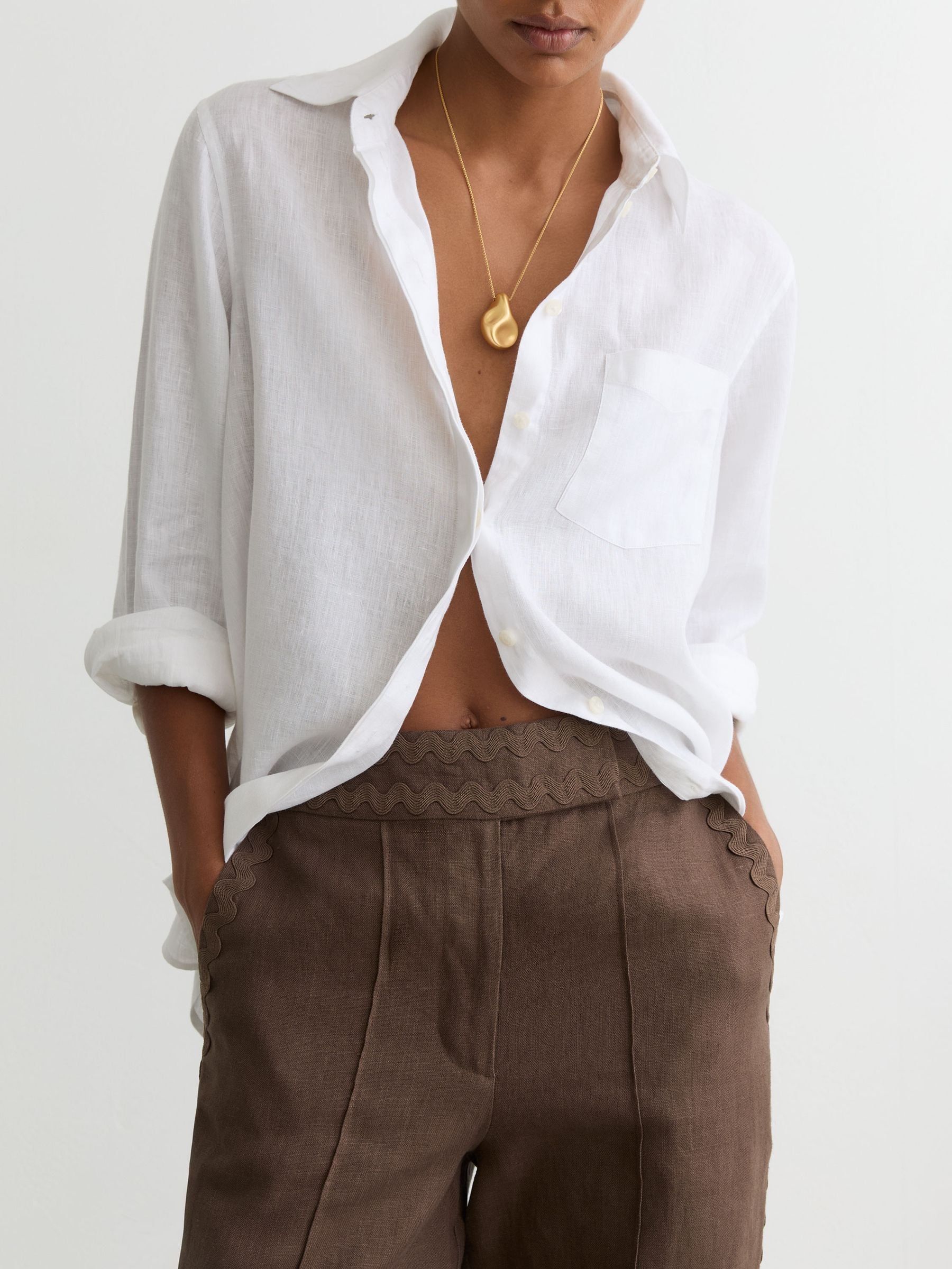 Buy Reiss Brown Mila Taper Linen Wave-Trim Tapered Trousers from