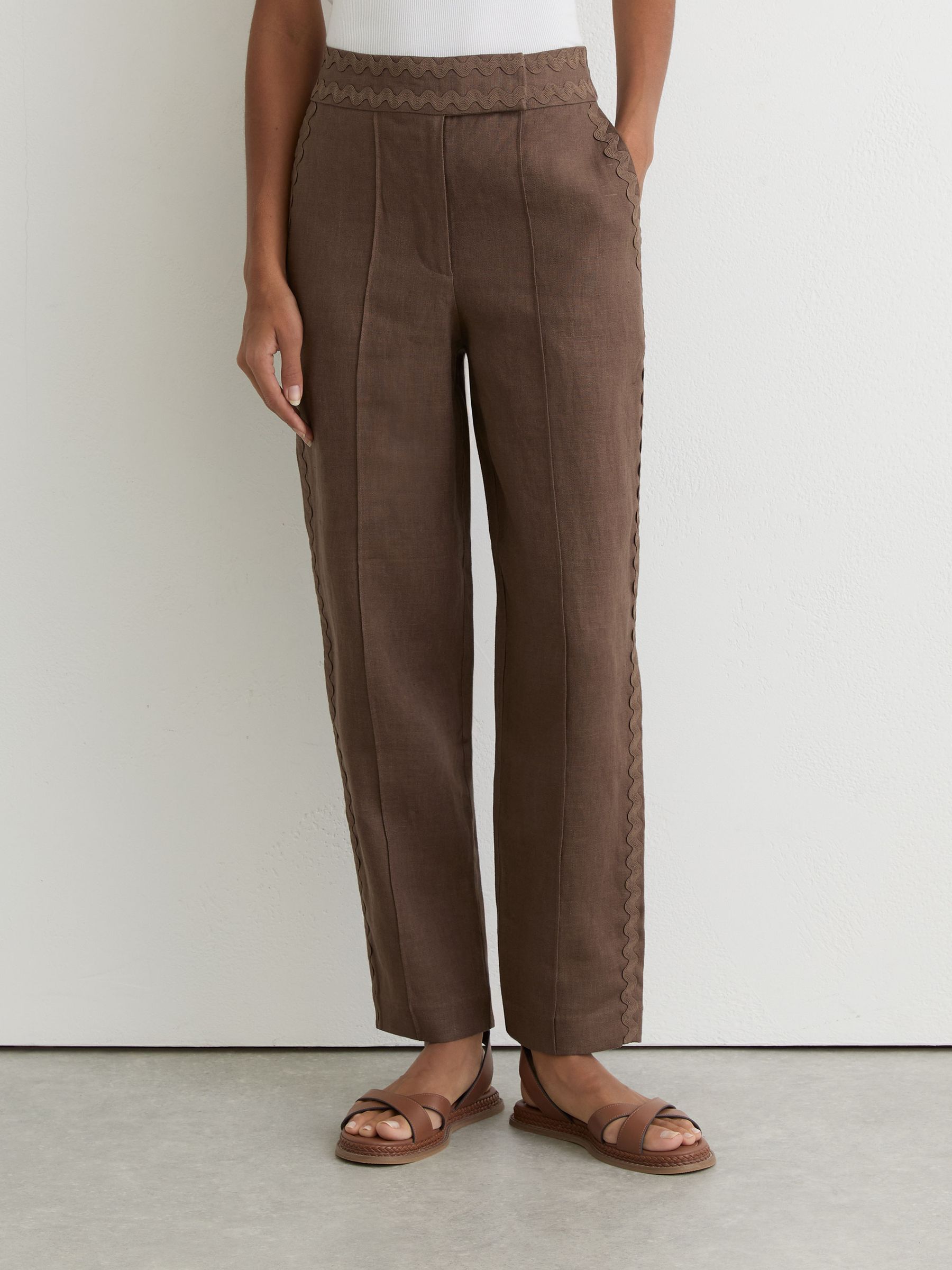 Buy Reiss Brown Mila Taper Linen Wave-Trim Tapered Trousers from
