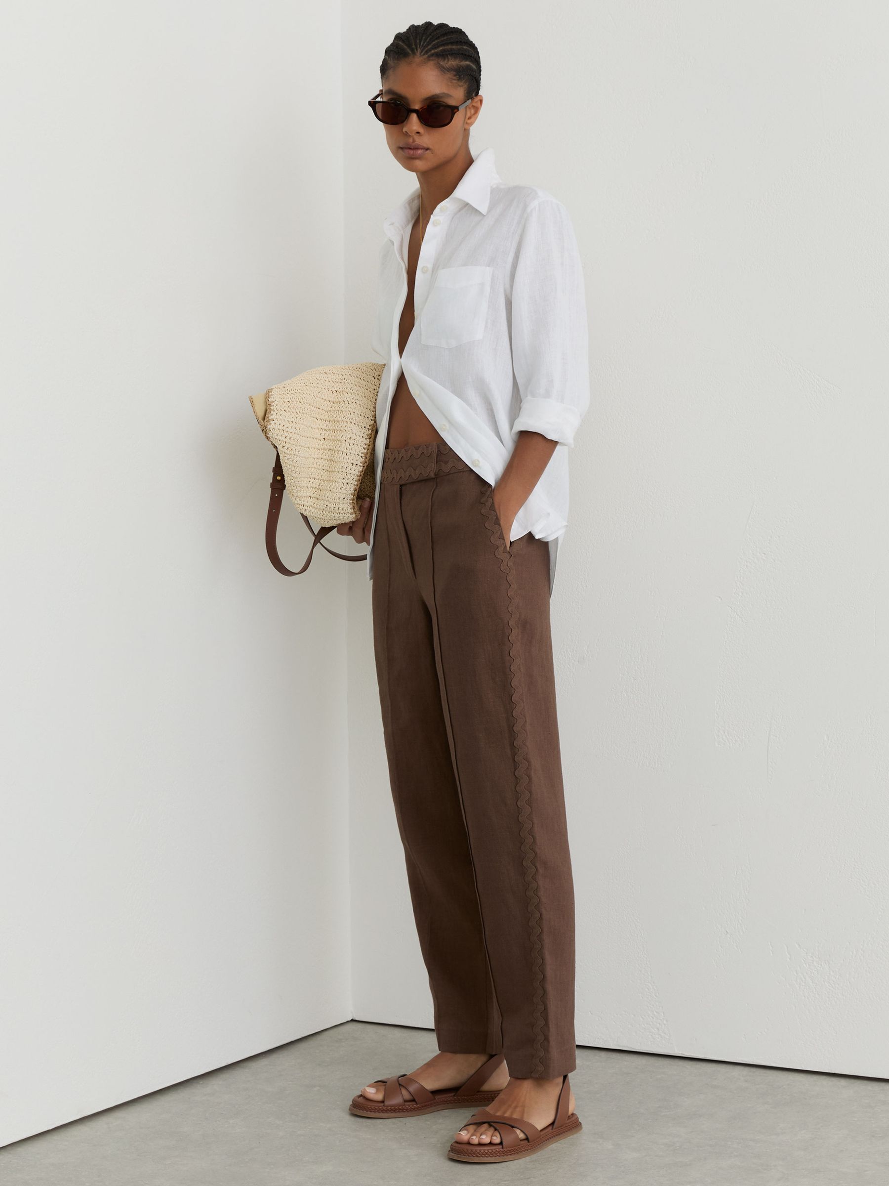 Buy Reiss Brown Mila Taper Linen Wave-Trim Tapered Trousers from