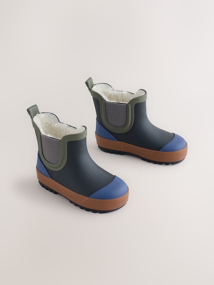 Navy/Khaki Warm Lined Ankle Wellies - Image 1 of 5 Navy/Khaki Warm Lined Ankle Wellies - Image 1 of 5