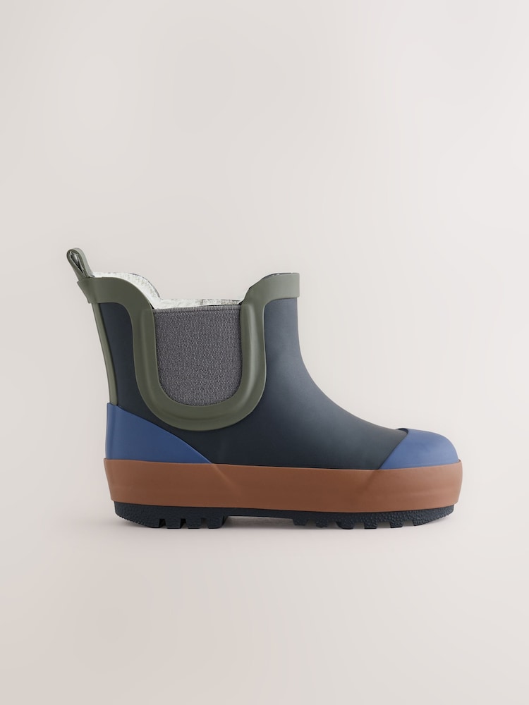 Navy/Khaki Warm Lined Ankle Wellies - Image 2 of 5 Navy/Khaki Warm Lined Ankle Wellies - Image 2 of 5