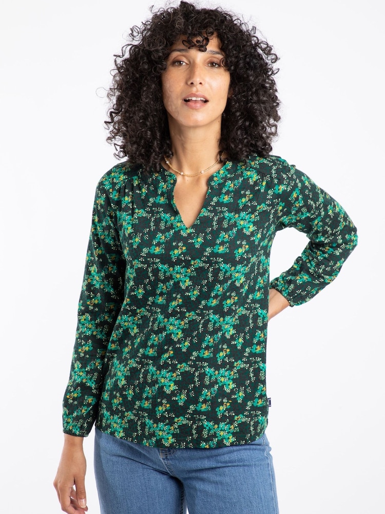 Weird Fish Green Brooke Printed V-Neck Jersey Blouse - Image 1 of 7 Weird Fish Green Brooke Printed V-Neck Jersey Blouse - Image 1 of 7