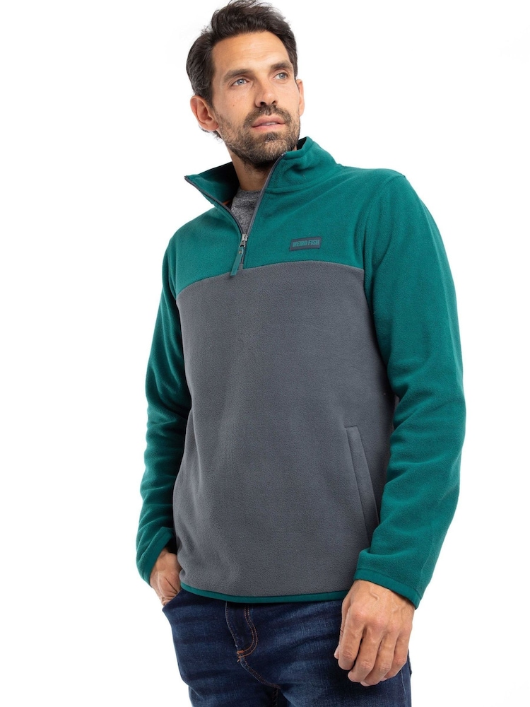 Weird Fish Green Tristan 1/4 Zip Colour Block Micro Fleece - Image 1 of 8 Weird Fish Green Tristan 1/4 Zip Colour Block Micro Fleece - Image 1 of 8
