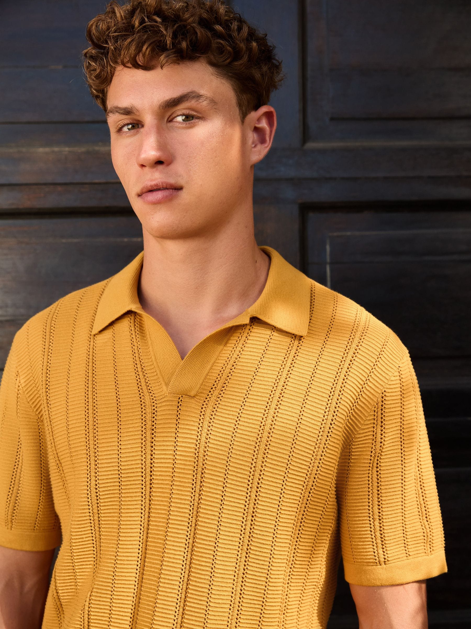 Buy Ochre Yellow Textured Knit Trophy Polo Shirt from Next USA