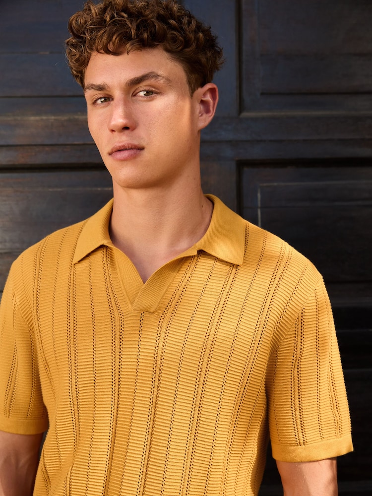 Ochre Yellow Regular Fit Textured Knit Short Sleeve Trophy Neck Polo Shirt - Image 1 of 8