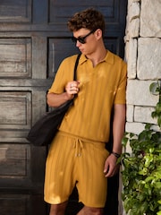 Ochre Yellow Regular Fit Textured Knit Short Sleeve Trophy Neck Polo Shirt - Image 2 of 8