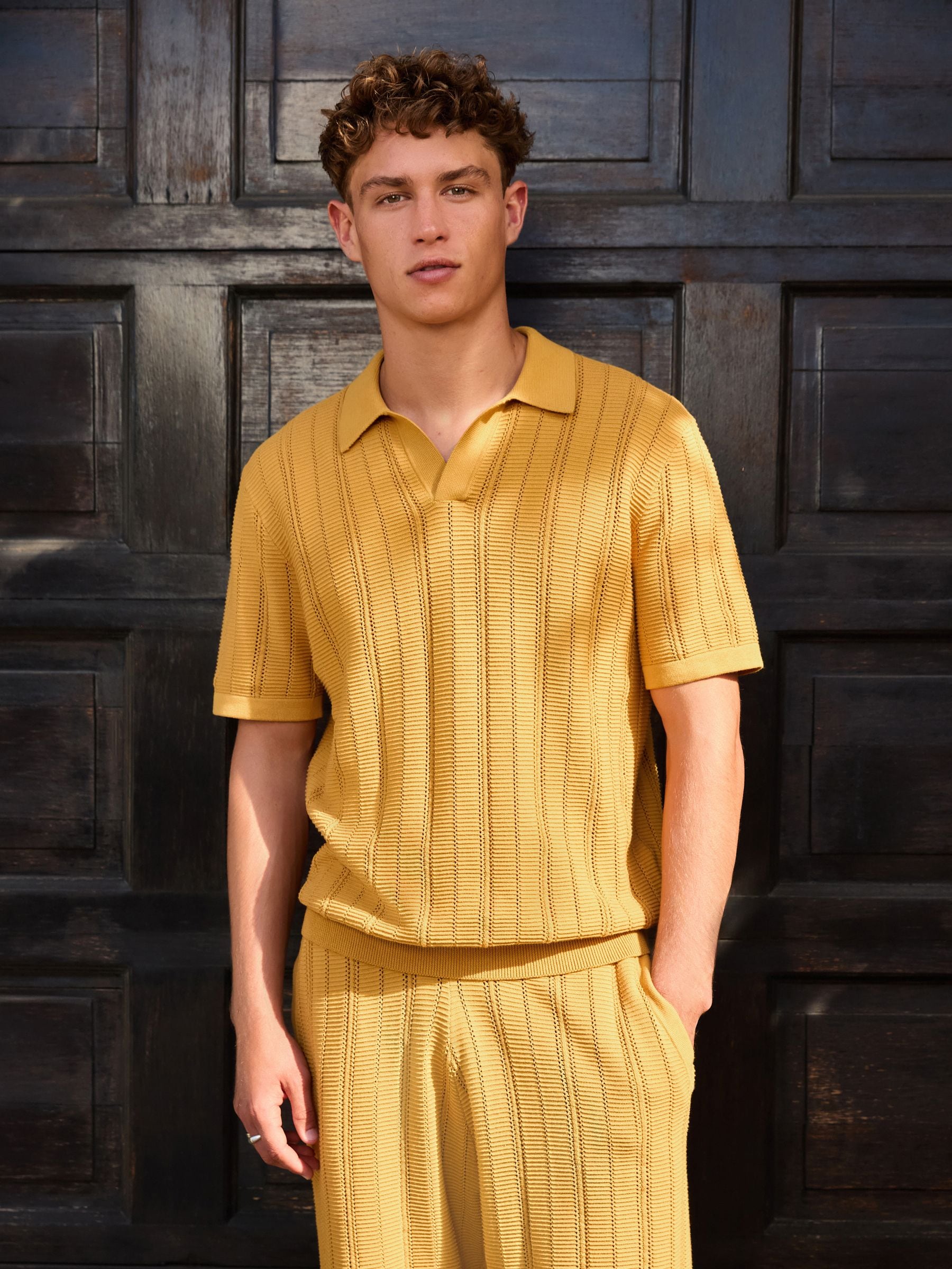 Buy Ochre Yellow Textured Knit Trophy Polo Shirt from Next USA