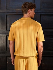 Ochre Yellow Regular Fit Textured Knit Short Sleeve Trophy Neck Polo Shirt - Image 4 of 8
