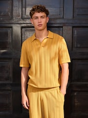 Ochre Yellow Regular Fit Textured Knit Short Sleeve Trophy Neck Polo Shirt - Image 5 of 8