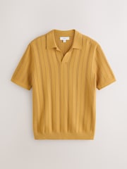 Ochre Yellow Regular Fit Textured Knit Short Sleeve Trophy Neck Polo Shirt - Image 6 of 8