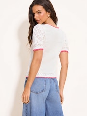 Lipsy White Floral Embroidery Pointelle Crochet Short Sleeve Knit T-Shirt - Image 4 of 4