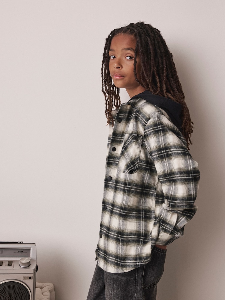 Black/Green Check Long Sleeve Hooded Shirt (3-16yrs) - Image 1 of 8 Black/Green Check Long Sleeve Hooded Shirt (3-16yrs) - Image 1 of 8