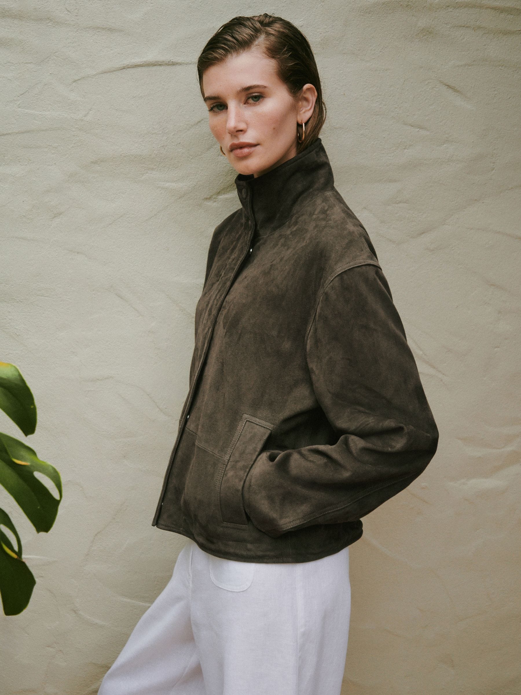 Buy Olive Green N. Premium Real Suede Funnel Neck Jacket from the