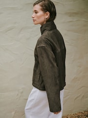 Olive Green N. Premium Real Suede Funnel Neck Jacket - Image 4 of 9