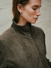 Olive Green N. Premium Real Suede Funnel Neck Jacket - Image 6 of 9