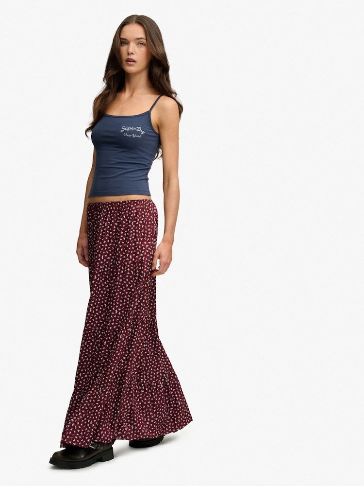 Superdry Red Woven Tiered Maxi Skirt - Image 2 of 6 Superdry Red Woven Tiered Maxi Skirt - Image 2 of 6