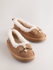 Baker by Ted Baker Faux Fur Lined Slipper Mary Jane Tan Brown Shoes with Bow - Image 1 of 6