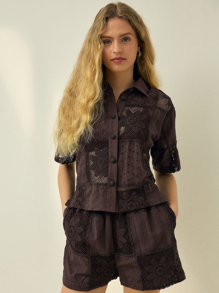 Chocolate Brown N. Premium Crochet Patchwork Shorts - Image 1 of 7