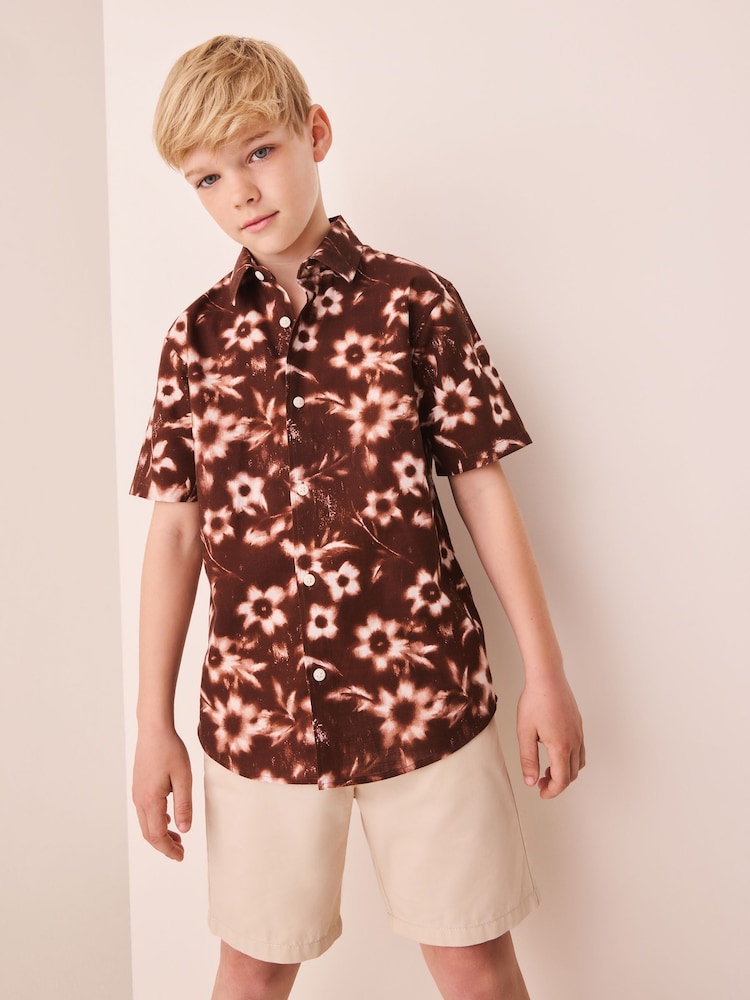 Chocolate Brown All Over Print Flowers Short Sleeve AOP Floral Shirt (5-16yrs) - Image 1 of 4