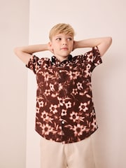 Chocolate Brown All Over Print Flowers Short Sleeve AOP Floral Shirt (5-16yrs) - Image 2 of 4